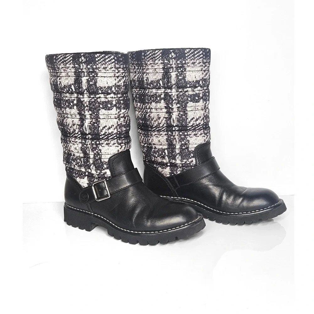 Chanel Calfskin Tweed Nylon Printed Boots 37.5 Black CC Logo Lug Sole